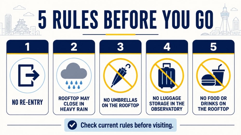 Five Umeda Sky Building observatory rules covering re-entry, heavy rain, umbrellas, luggage, and rooftop food
