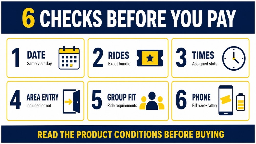 Six checks for visit date, rides, times, area entry, group fit, and phone readiness
