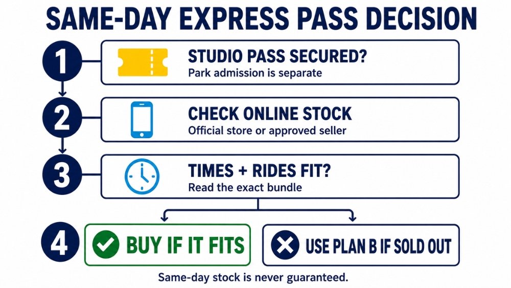 Four-step same-day Express Pass decision covering admission, online stock, bundle fit, and a sold-out backup
