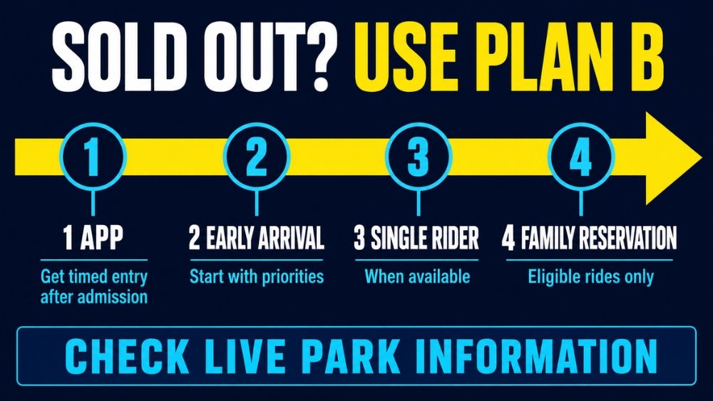 Sold-out backup flow using the official app, early arrival, Single Rider, and family reservation options