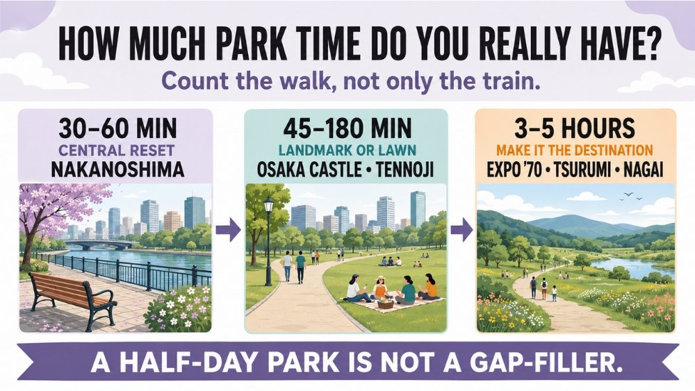 Osaka parks grouped by how much time you have, from a quick 30-minute stop to a half-day visit.