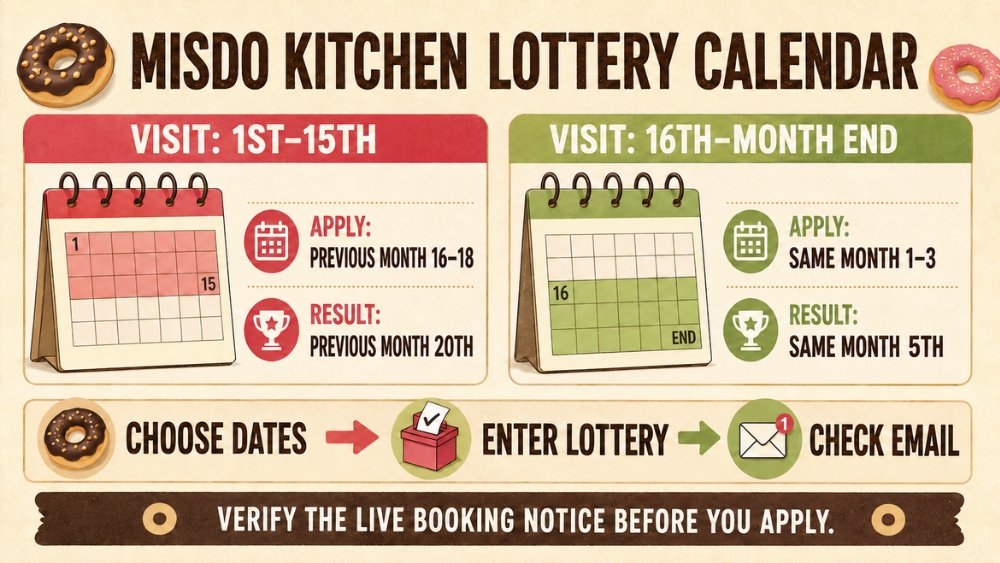 Misdo Kitchen lottery schedule, showing application and result dates based on your visit date.