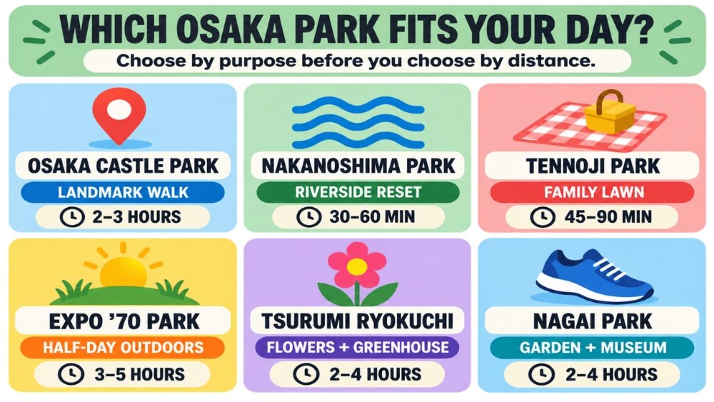 Six Osaka parks compared by purpose and recommended visit time.