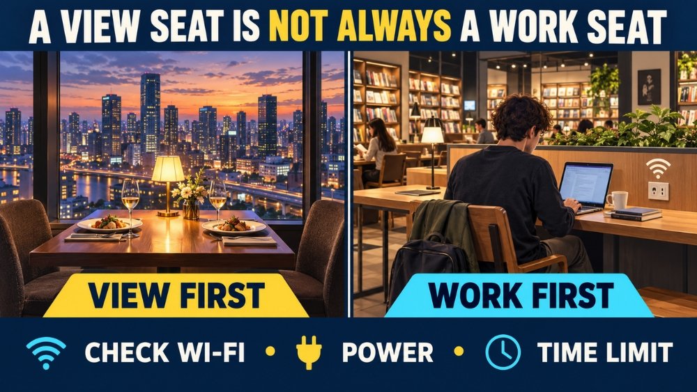 Split illustration comparing a restaurant window seat chosen for views with a practical cafe seat chosen for Wi-Fi, power, and a short laptop session.