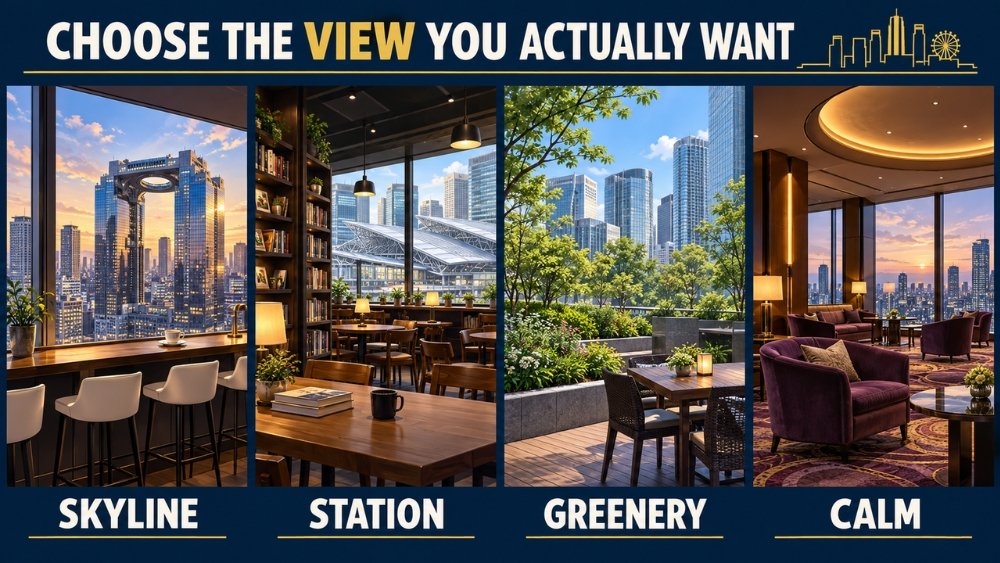 Four-panel decision guide matching Umeda skyline, station, greenery, and calm lounge views to different cafe and lunch priorities near Osaka Station.