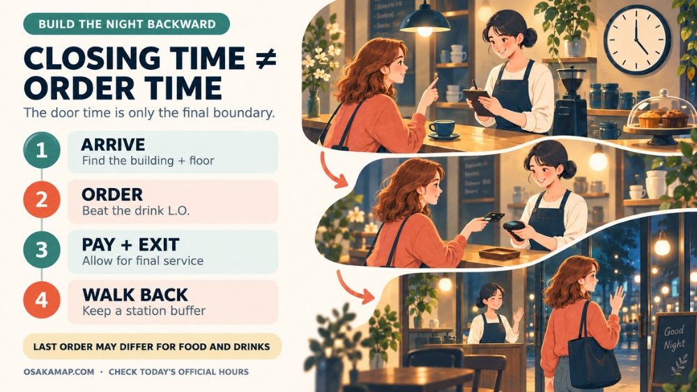 Timeline showing that a cafe's last order, building entry, bill payment, and walk back to the station all occur before the published closing time.