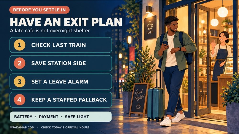 Four-step late-cafe exit plan: check the last train, save the correct station side, set a departure alarm, and keep a staffed taxi-or-hotel fallback.