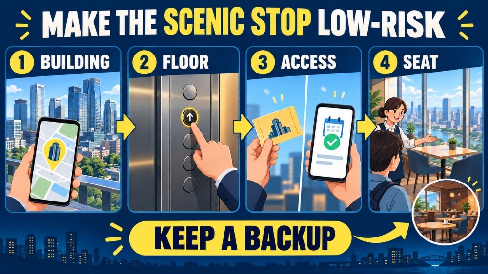 Four-step checklist for finding a Umeda scenic cafe by confirming the building, floor, access rule, and seat plan while keeping a nearby backup.