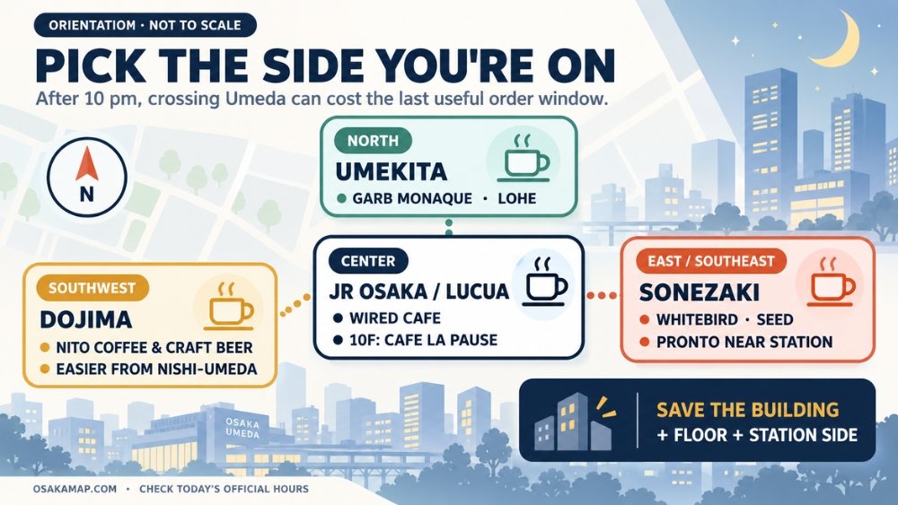 Simplified Umeda orientation placing late cafes in the Umekita north, JR and LUCUA center, Sonezaki east, and Dojima southwest clusters.