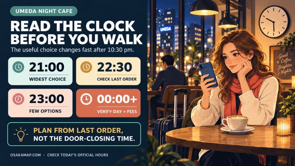 Time-band guide separating Umeda cafes suited to 9:00 pm, 10:30 pm, 11:00 pm, and midnight-or-later arrivals.