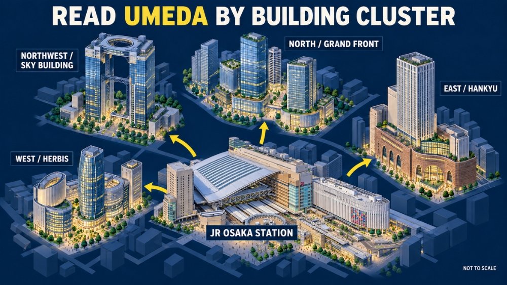 Simplified Umeda orientation showing JR Osaka Station, the Hankyu-side Twin Towers, Grand Front Osaka, Umeda Sky Building, and Herbis as separate building clusters.