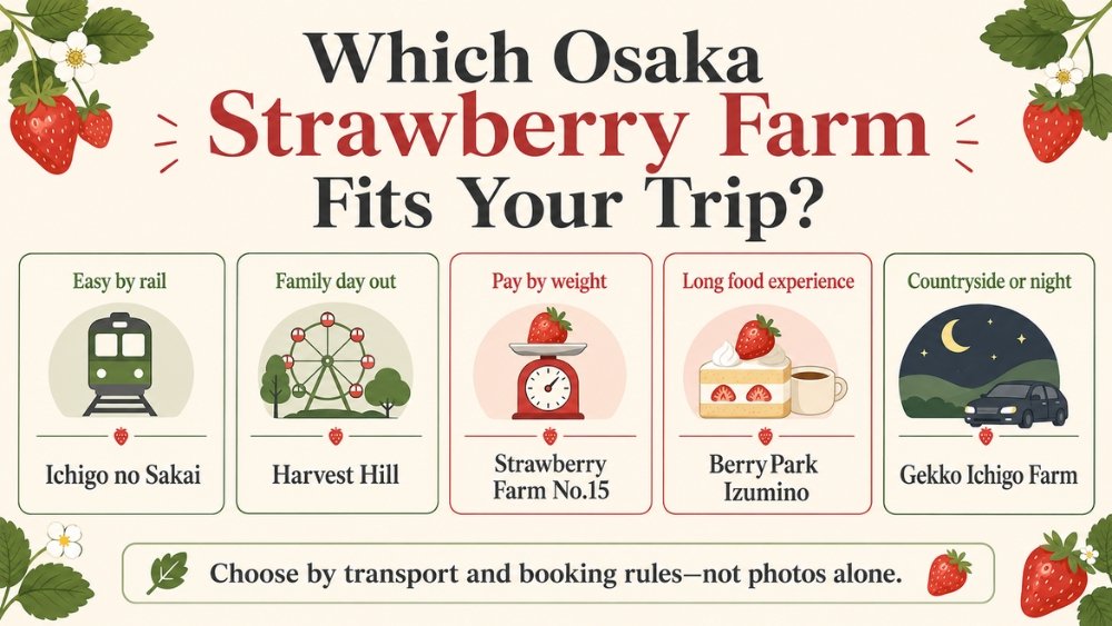 Five Osaka strawberry-farm choices organized by rail access, family appeal, payment system, food experience, and rural setting