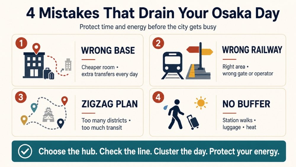 Four Osaka first-timer mistakes: wrong base, wrong railway, zigzag itinerary, and no buffer for stations, luggage, or heat.