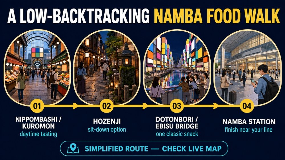 Simplified four-stop food route from Nippombashi and Kuromon to Hozenji, Dotonbori and Ebisu Bridge, finishing at Namba Station.