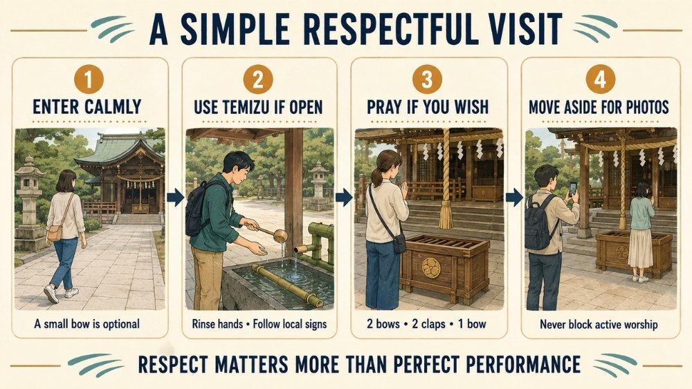 Four-step shrine etiquette guide showing a calm entrance, hand rinsing when temizu is open, the common two-bow two-clap one-bow prayer, and moving aside before taking photos.