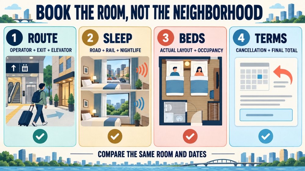 Four-step Osaka hotel booking checklist covering the luggage route, room noise, actual bed setup, and cancellation terms with the final total.