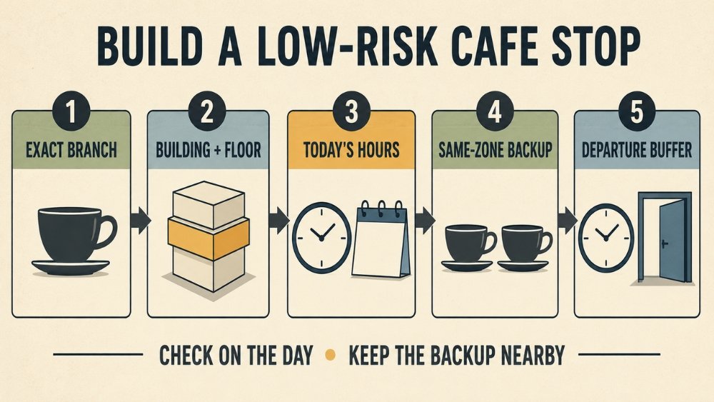 A five-step planning sequence saves the exact branch, building and floor, checks same-day hours, keeps a backup in the same zone, and leaves time to reach the next departure.