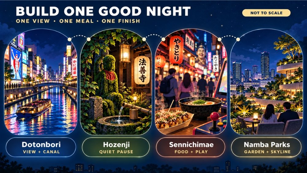 Not-to-scale evening sequence from Dotonbori and Hozenji through Sennichimae to Namba Parks, showing how to combine one view, one meal and one finish.