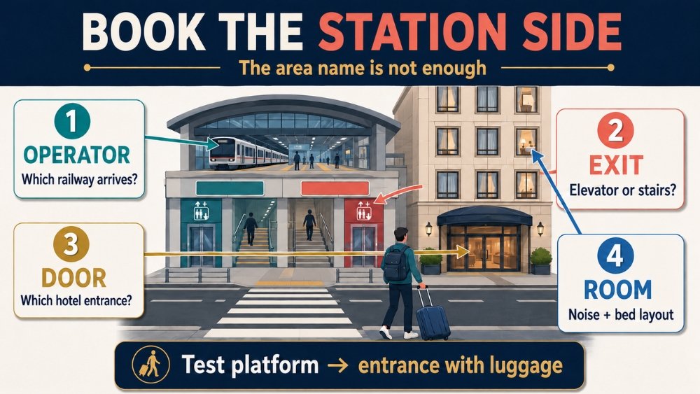 Hotel-location checklist linking the arriving railway, elevator exit, exact hotel entrance and room noise or bed layout to a luggage route