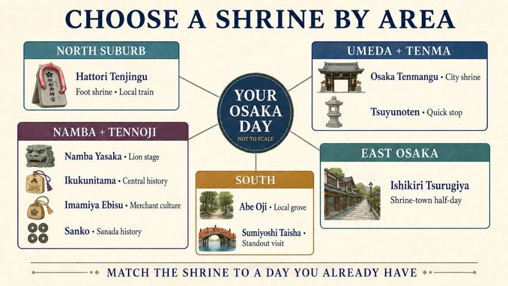 Not-to-scale Osaka area guide grouping ten shrines around Umeda, Namba and Tennoji, the southern tram corridor, Toyonaka in the north, and Higashiosaka in the east.