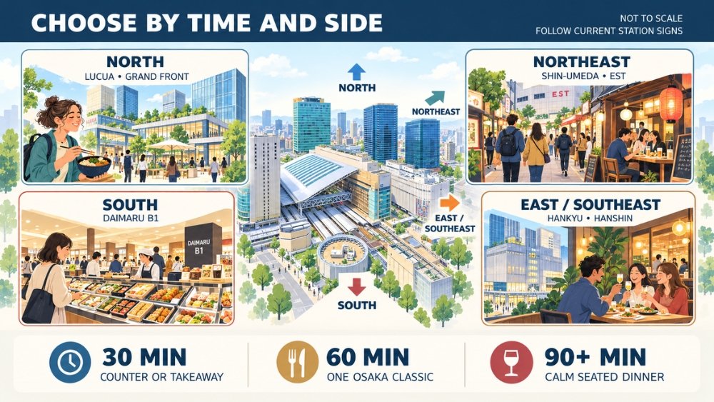 Not-to-scale Osaka Station dining guide showing north-side station buildings, south-side department stores, east-side Umeda dining, and choices for 30, 60, or 90 minutes.