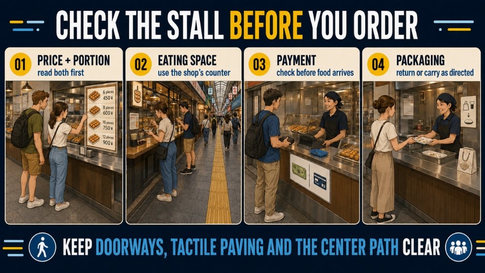 Four checks at an Osaka food stall: compare price and portion, use the shop’s eating space, confirm payment, and return or carry packaging as directed.