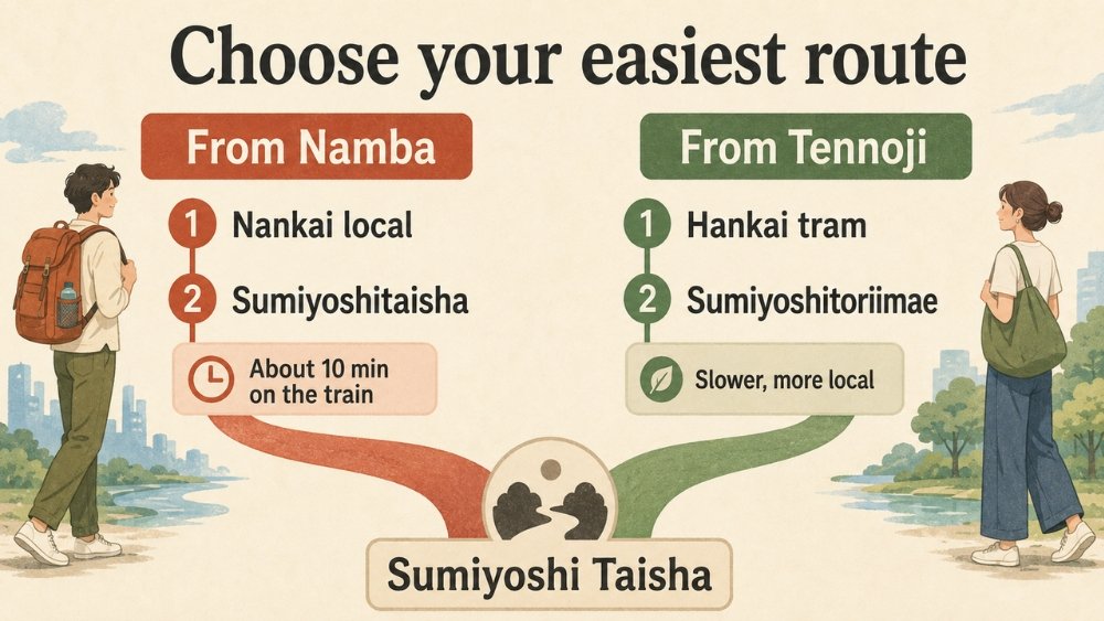 Two easy routes to Sumiyoshi Taisha: a Nankai local train from Nankai Namba to Sumiyoshitaisha Station, or a Hankai tram from Tennoji to Sumiyoshitoriimae.
