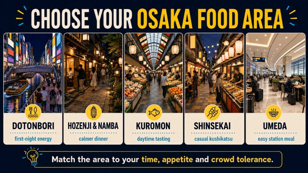 Five Osaka food areas compared by trip fit: Dotonbori for first-night energy, Hozenji and Namba for a calmer dinner, Kuromon for daytime tasting, Shinsekai for casual kushikatsu, and Umeda for an easy station meal.