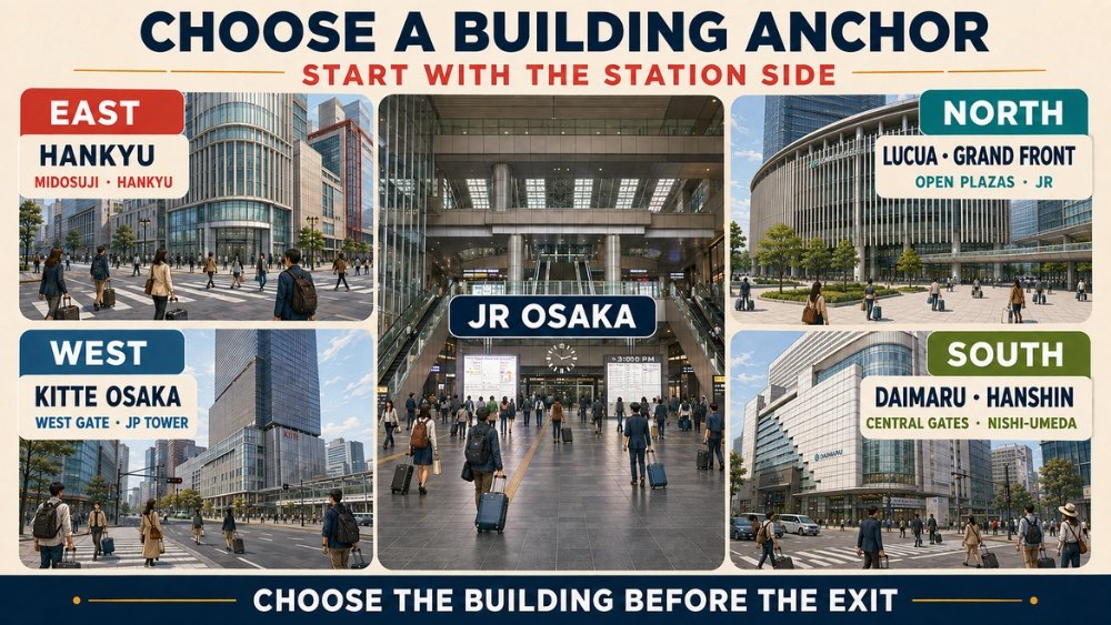 Four-way station-side guide matching the east, north, west and south of JR Osaka Station with practical landmark buildings.