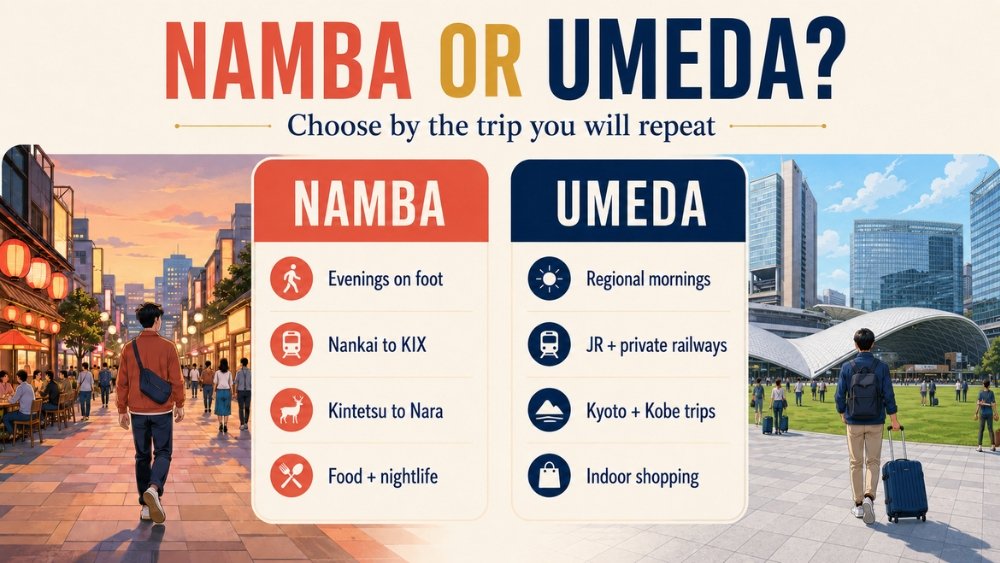 Split comparison matching Namba to evening walks, Kansai Airport and Nara, and Umeda to regional mornings, Kyoto, Kobe and indoor shopping