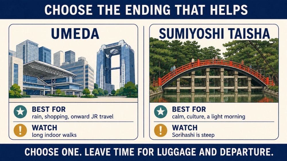 Umeda suits rain, shopping and JR travel, while Sumiyoshi Taisha suits a quieter cultural morning; both leave time for luggage and departure.