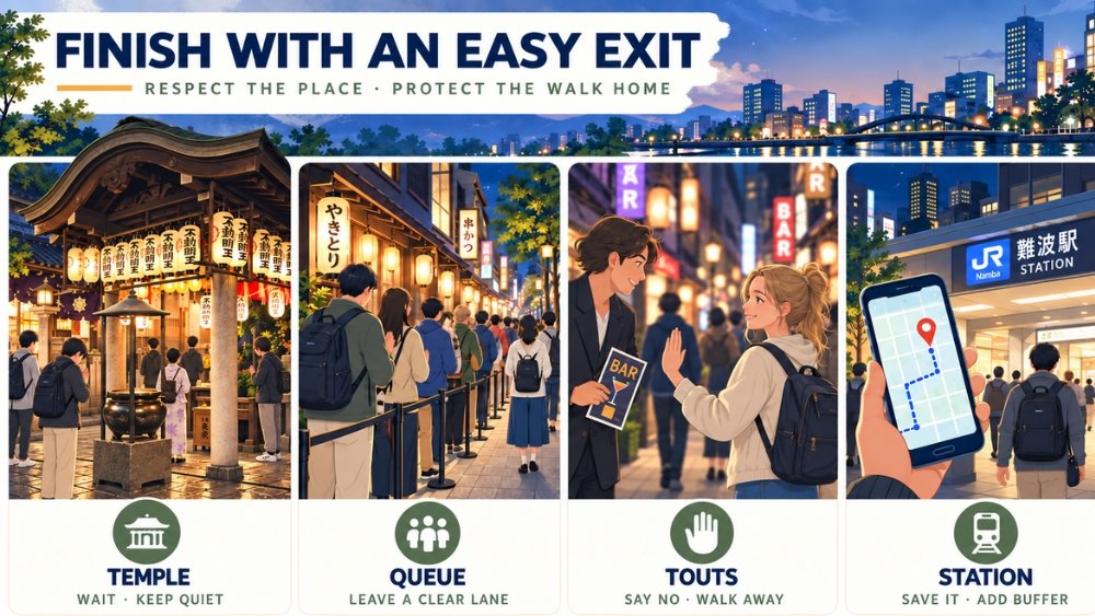 Four-part Namba night exit guide showing respectful temple behavior, clear sidewalks and queues, refusing unsolicited touts, and saving the exact station with a time buffer.