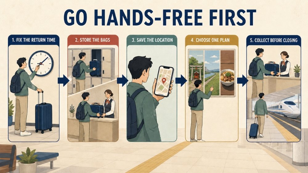 Luggage decision guide showing how lockers or staffed storage, a return deadline and a station buffer determine how far a traveler should go from Shin-Osaka.