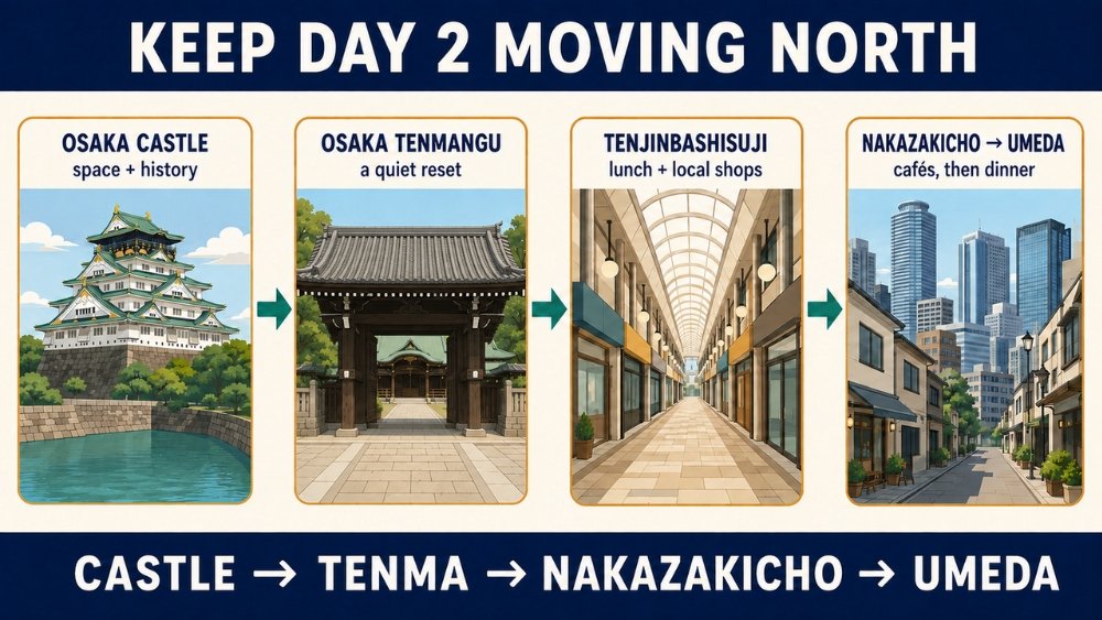 Day 2 moves north in order from Osaka Castle to Osaka Tenmangu, Tenjinbashisuji, Nakazakicho and Umeda.