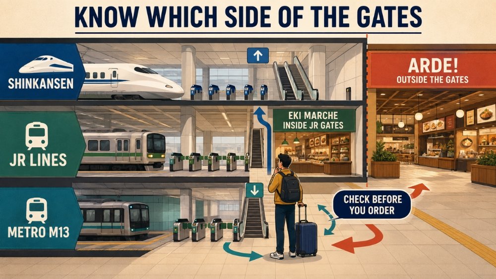 Cutaway guide separating the Shinkansen gates, JR conventional-line gates, Osaka Metro, Eki Marche and the outside-gate arde! dining area at Shin-Osaka Station.