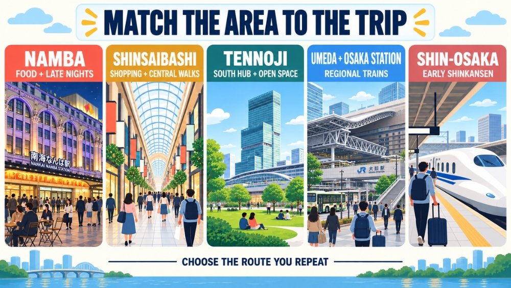 Decision board matching Namba, Shinsaibashi, Tennoji, Umeda and Osaka Station, and Shin-Osaka to different Osaka trip priorities.