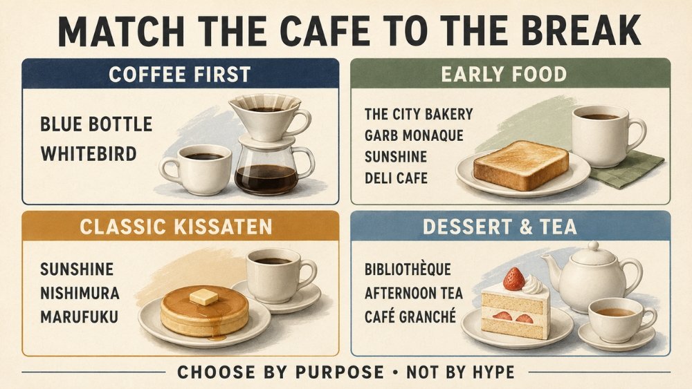 Four cafe-break categories compare coffee-first stops, early-food options, classic kissaten and dessert or tea choices in Umeda without ranking one category above another.