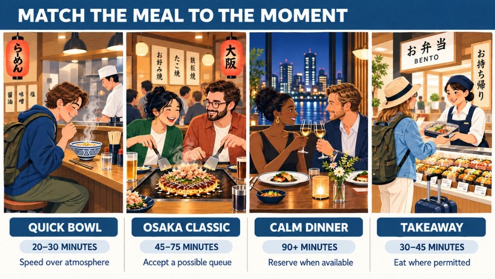 Four-panel guide matching a quick noodle bowl, an Osaka griddle specialty, a seated dinner, and a takeaway bento to different travel moments.