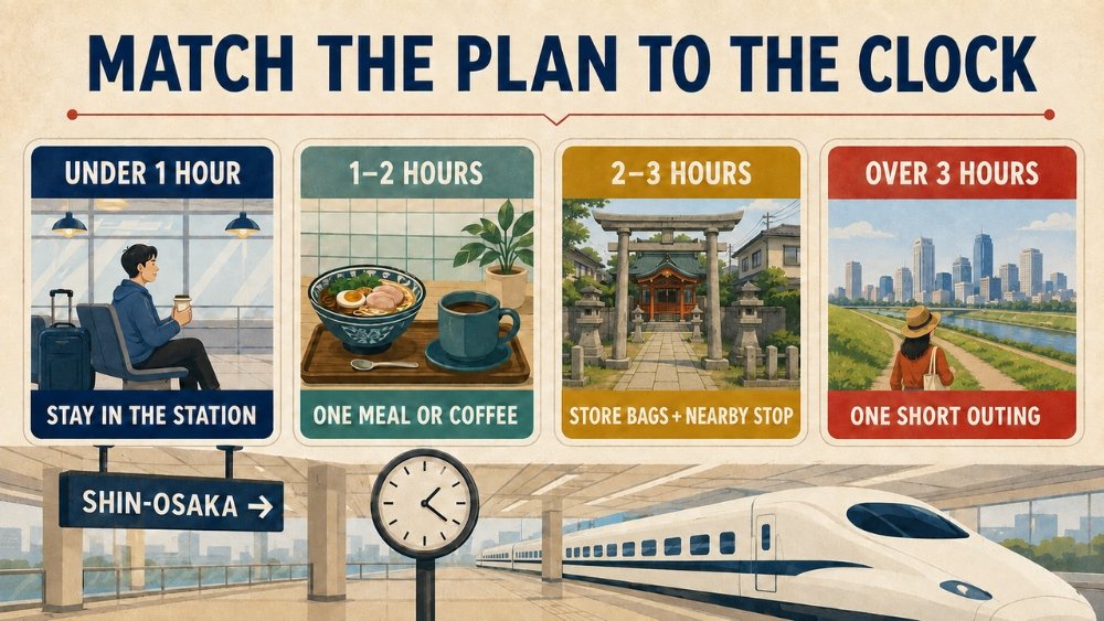 Time-budget guide matching a Shin-Osaka stop of under one hour, one to two hours, two to three hours, or more than three hours with a realistic plan.