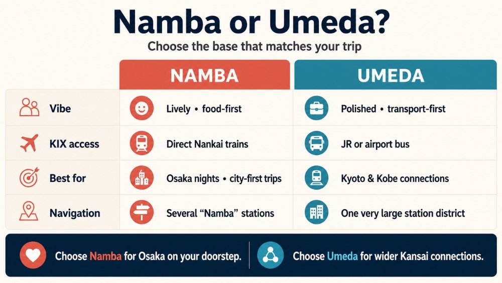 Comparison of Namba and Umeda as Osaka bases, covering atmosphere, Kansai Airport access, best use, and navigation.