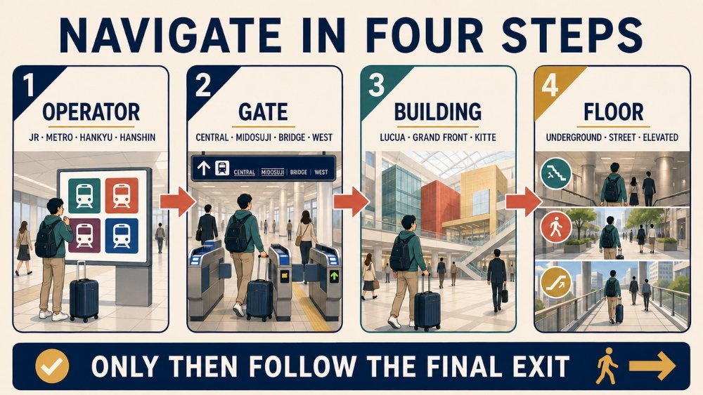 Four-step navigation process moving from railway operator to gate, building anchor and floor before following the final exit.