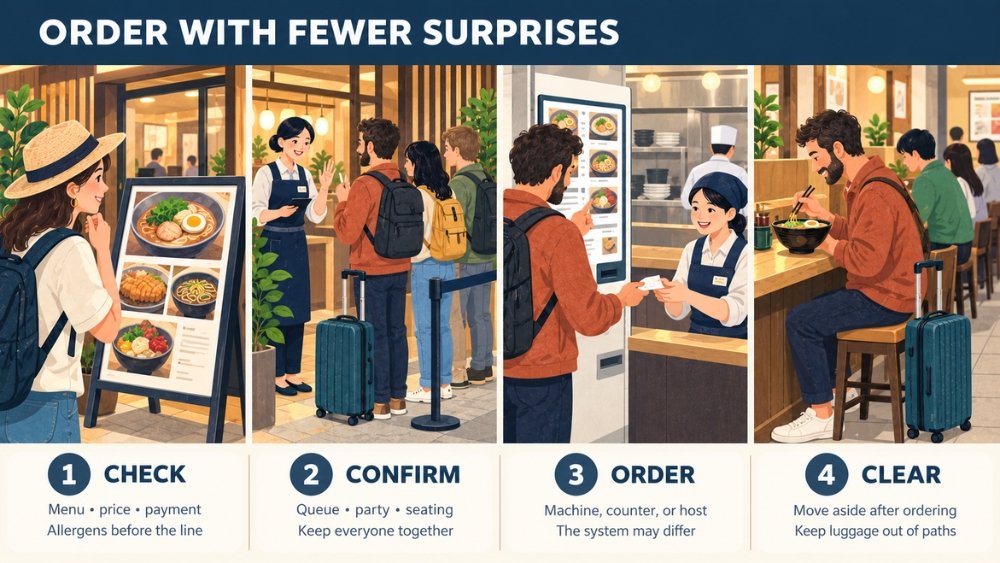 Four-step restaurant guide showing menu and payment checks, confirming the queue and party size, ordering at the correct point, and moving luggage clear of service paths.
