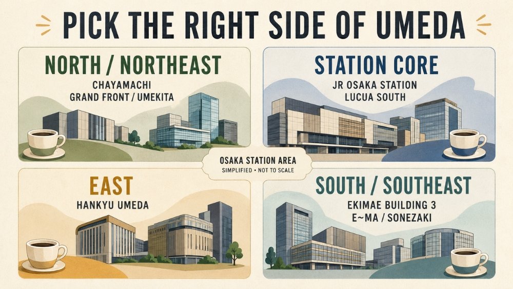 Four peer zones around Osaka Station show the building anchors for Umeda cafes: Chayamachi and Grand Front to the north, the station core and LUCUA SOUTH, Hankyu to the east, and the Ekimae buildings, E~ma and Sonezaki to the south-east.