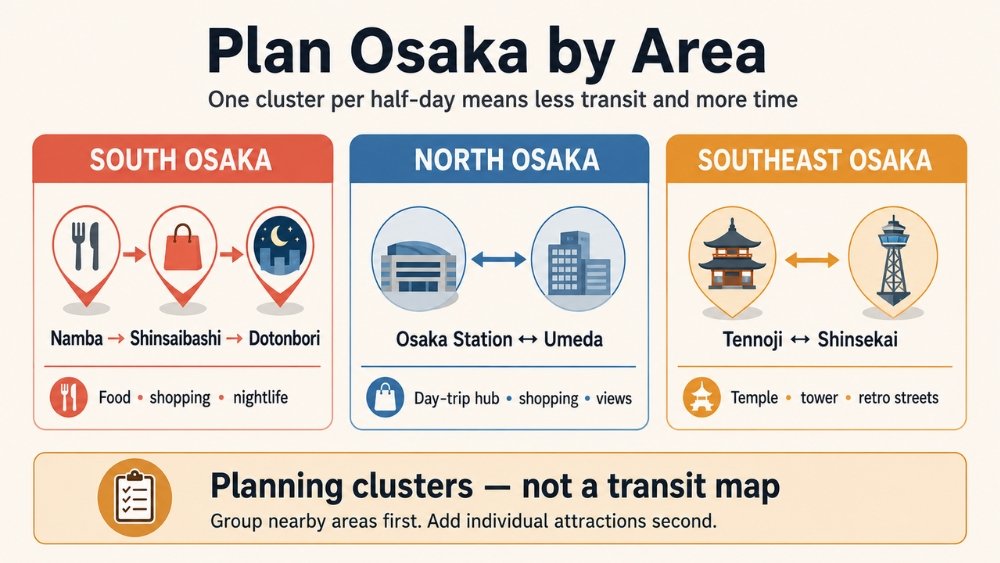Osaka planning clusters for Namba–Shinsaibashi–Dotonbori, Osaka Station–Umeda, and Tennoji–Shinsekai.