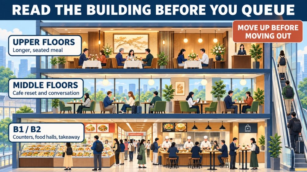 Vertical dining guide showing basement counters and food halls for speed, middle-floor cafes for a reset, and upper restaurant floors for a longer seated meal.