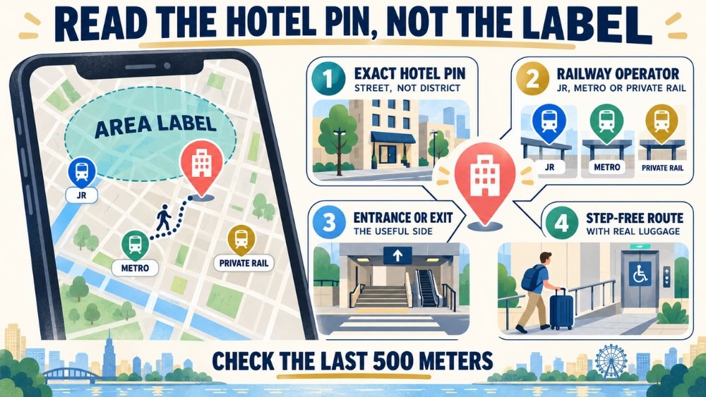 Diagram showing why travelers should verify the exact hotel pin, railway operator, station entrance, and step-free luggage route instead of trusting an area label.
