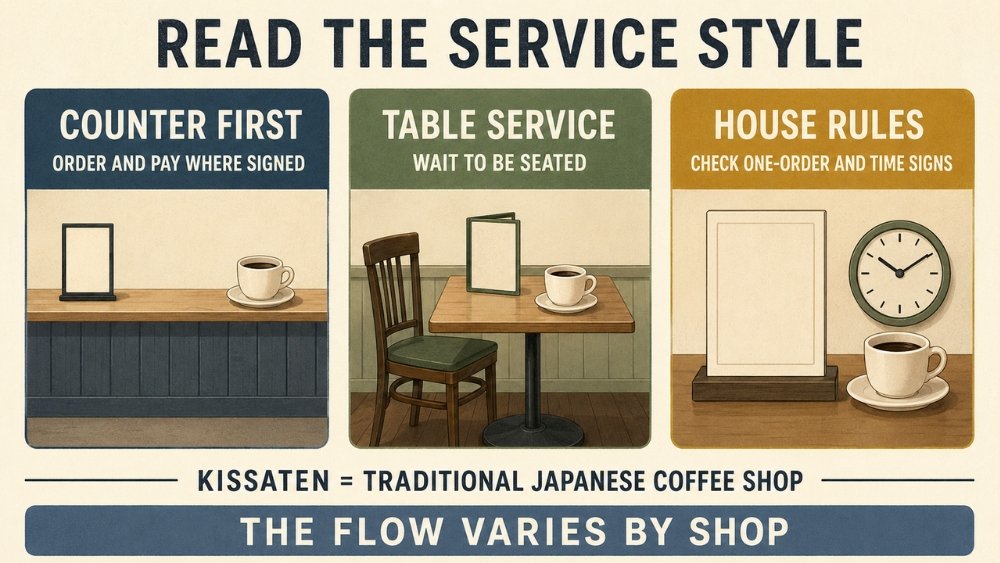 Three conditional service patterns help visitors recognize counter ordering, table service and shop-specific one-order or time-limit rules, with kissaten defined as a traditional Japanese coffee shop.