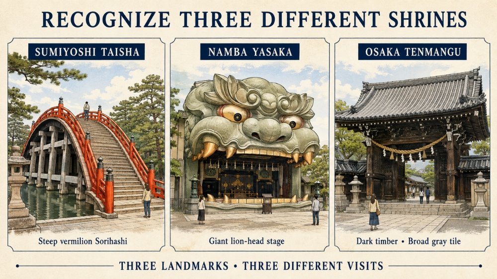Recognition guide comparing Sumiyoshi Taisha's steep vermilion Sorihashi, Namba Yasaka's giant lion-head stage, and Osaka Tenmangu's dark timber gate beneath a broad gray tiled roof.