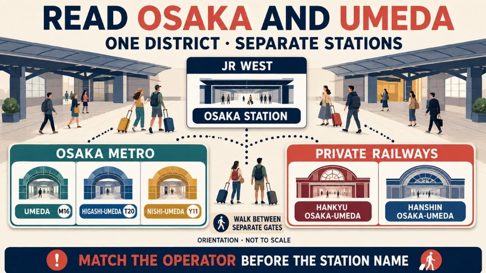 Operator guide separating JR Osaka Station from the three Osaka Metro Umeda stations and the Hankyu and Hanshin Osaka-Umeda terminals.