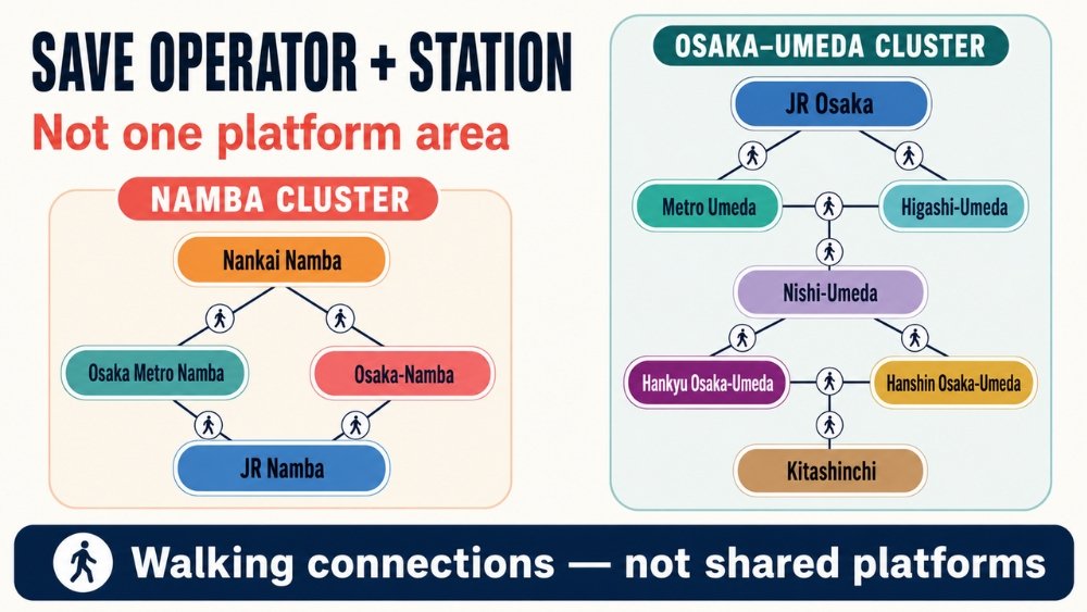Station-name schematic separating four Namba stations from seven Osaka and Umeda stations connected by walking rather than shared platforms
